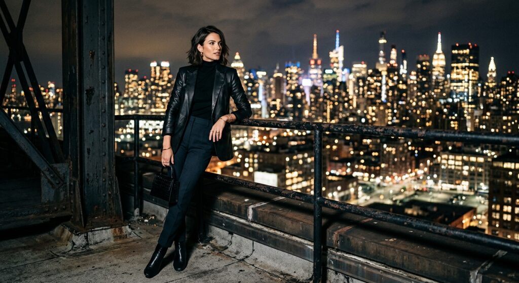 A stylish, commanding woman leaning against an industrial steel railing overlooking a nighttime city