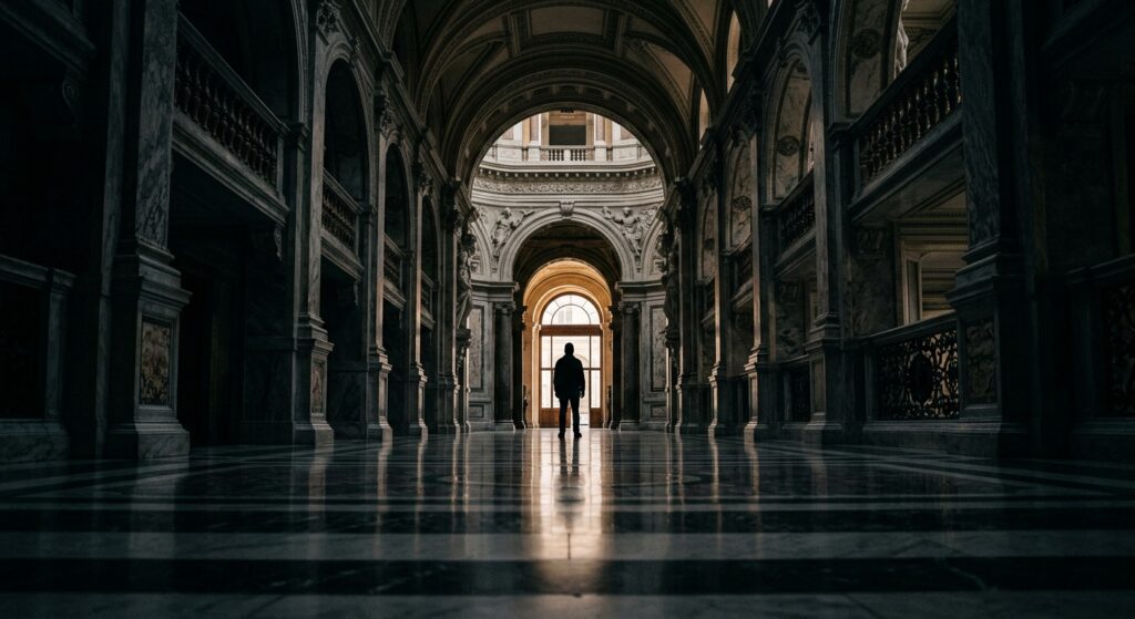 Dramatic low-angle shot of a silhouette standing at the end of a long, polished marble hallway, eleg
