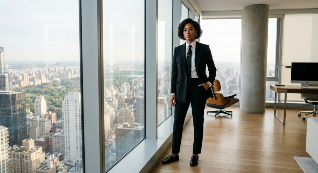 Cinematic editorial shot of a sharp-dressed woman in a tailored black suit standing confidently in a