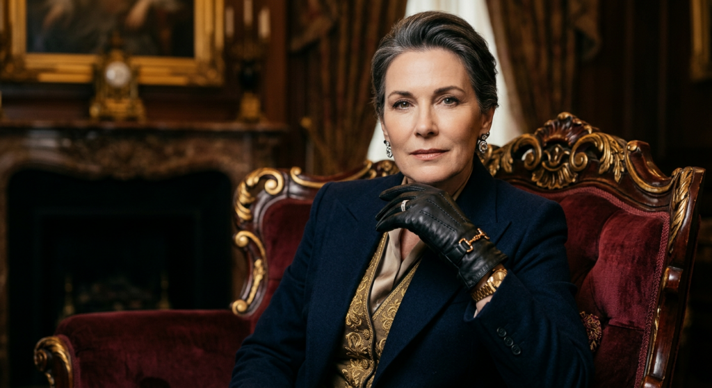 Close-up portrait of a powerful figure wearing designer leather gloves, resting a hand on an ornate