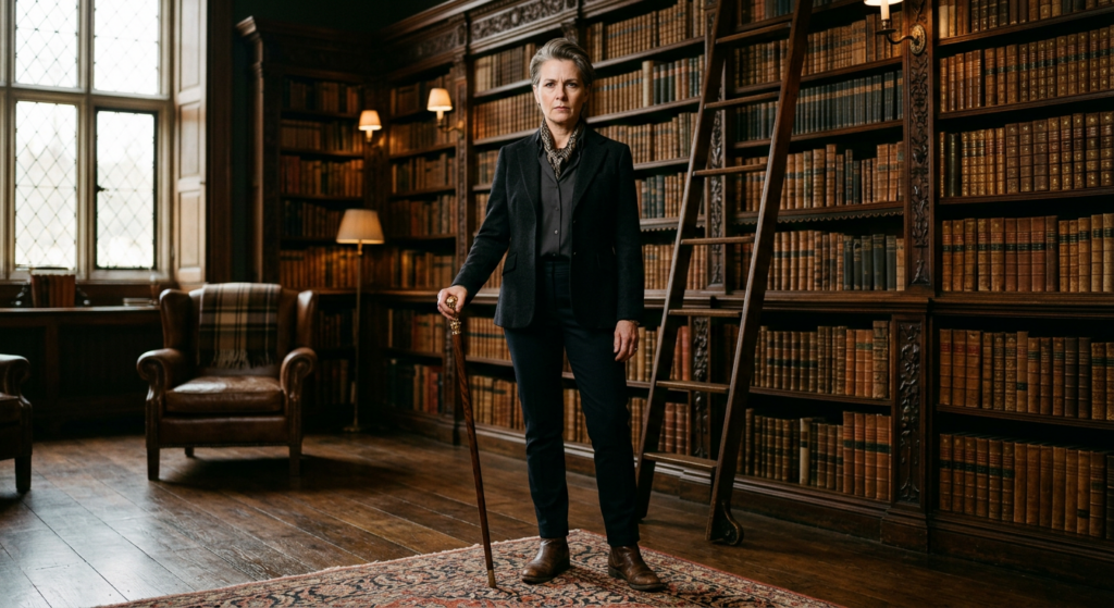 Editorial lifestyle shot featuring a stern woman holding an antique conductor’s cane, standing in a