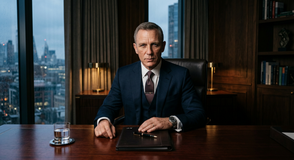 Mid-shot of a powerful individual seated at a mahogany desk in a dark, moody executive suite, focuse