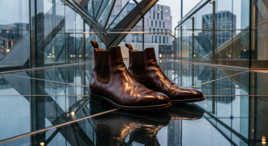 Close-up of polished leather boots resting on a sleek glass floor, clean geometric lines, soft ambie