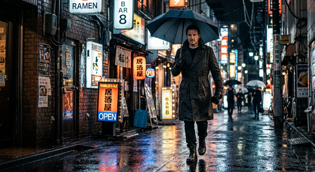 Professional editorial photograph of a dominant presence in a long trench coat, walking through a ra